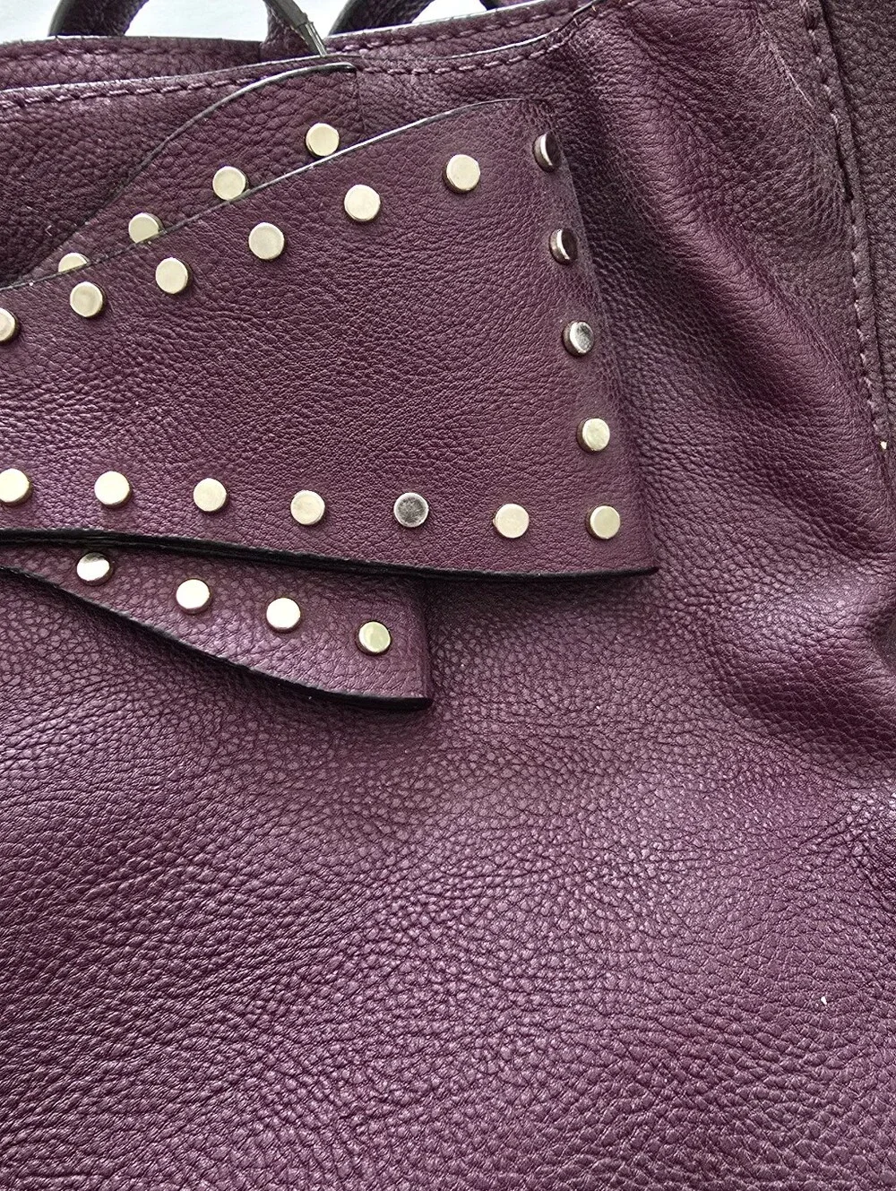 Betsey Johnson Tote Large Plum Purple Bag Silver Studded Bow Faux Leather Purse